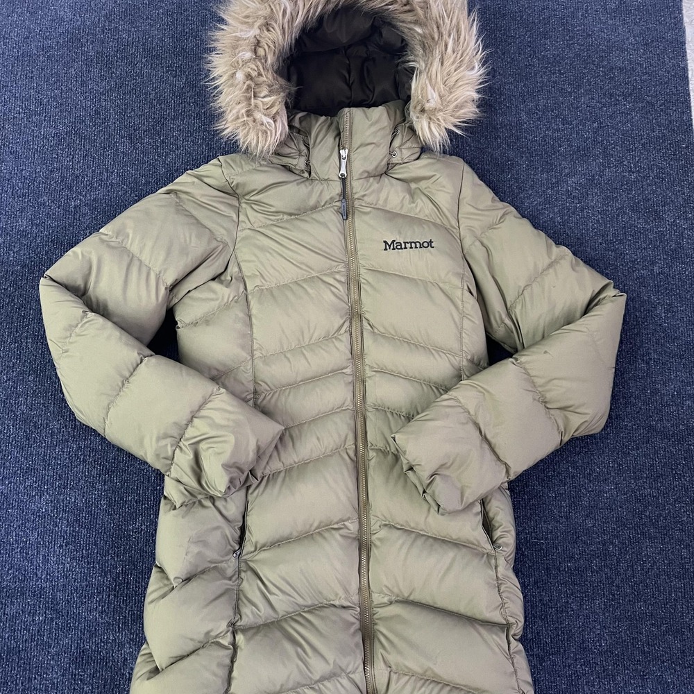 Marmot Coat Womens XS Green Puffer Hooded Faux‎ Fur Trim Parka Winter